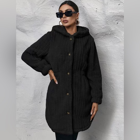 Button Front Hooded Teddy Coat, Casual Solid Long Sleeve Winter Warm Outerwear, - Picture 3 of 3